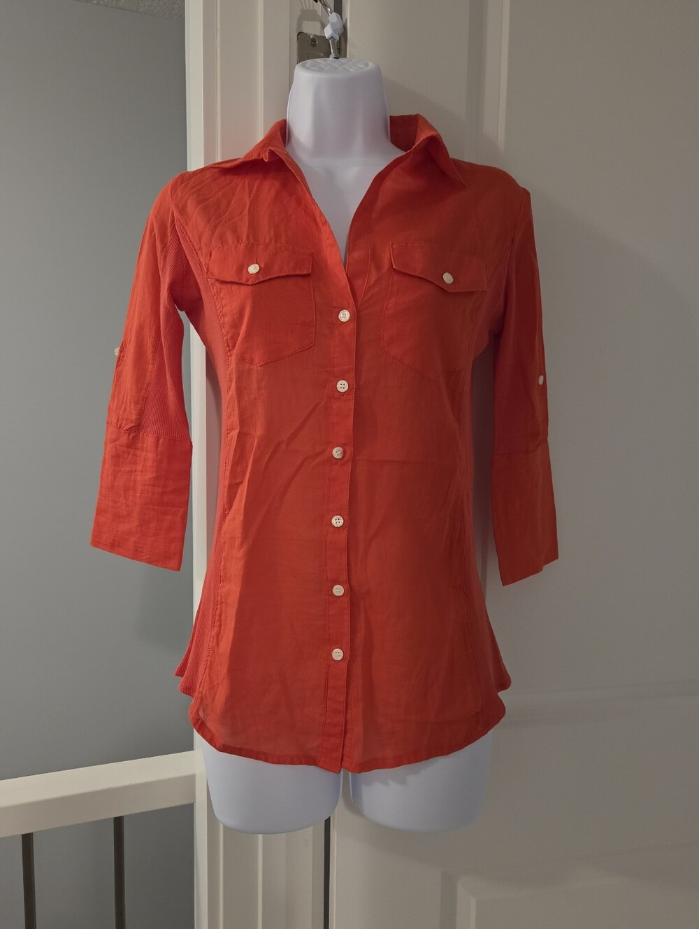 Max Studio Coral-Orange Button-Down Blouse 100% Cotton